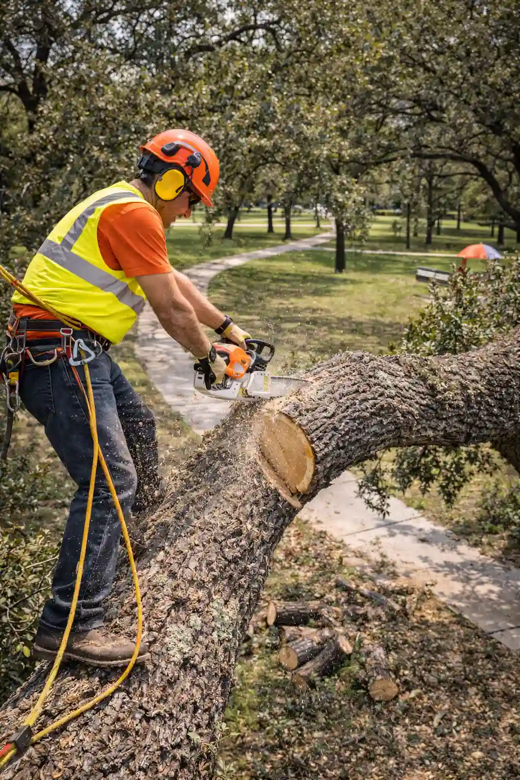 Arborist cutting an oak tree limb in Round Rock, Texas