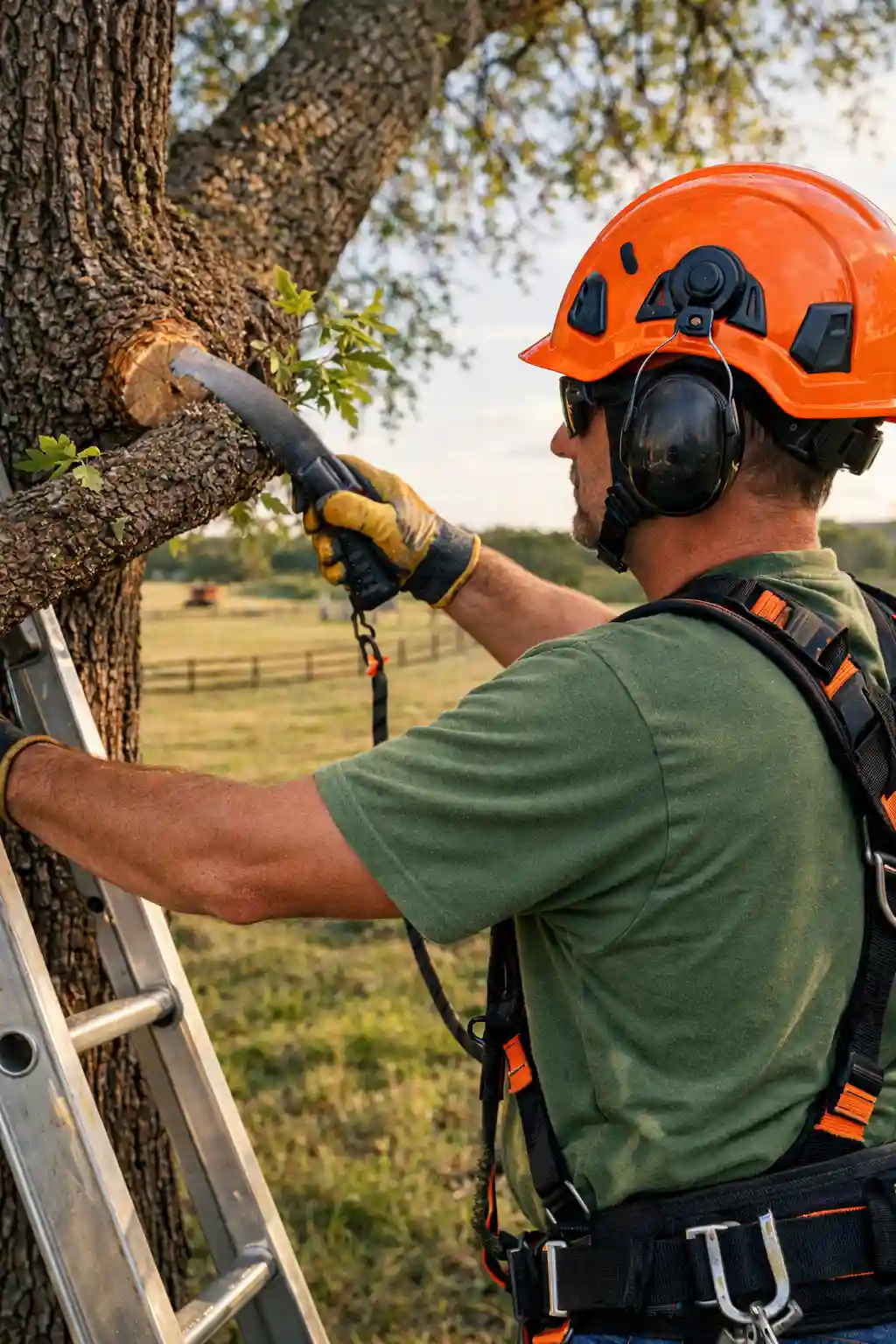 Arborist trimming an oak tree branch on a Liberty Hill, Texas property