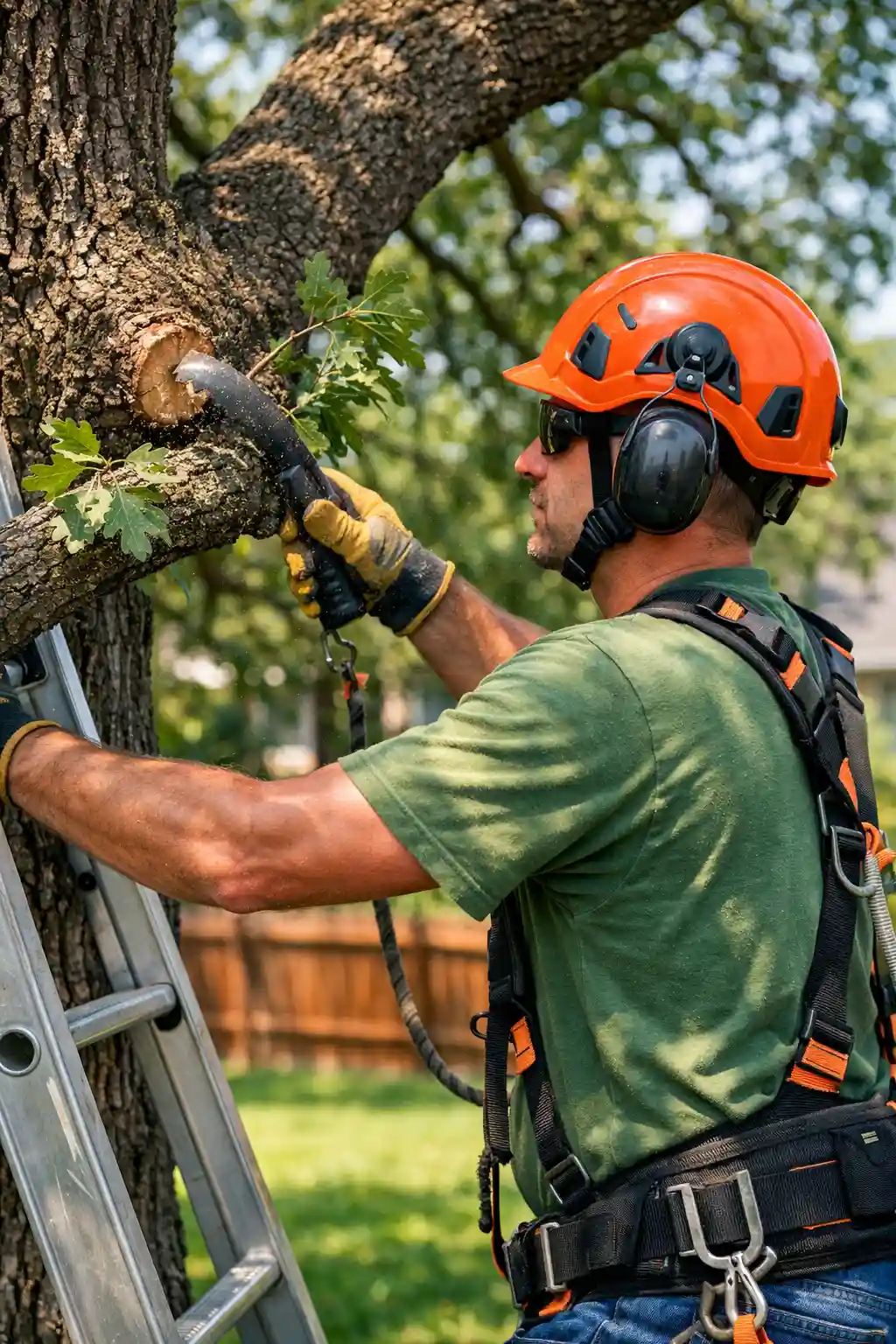 Arborist trimming oak tree branches in a Cedar Park, Texas backyard with safety equipment