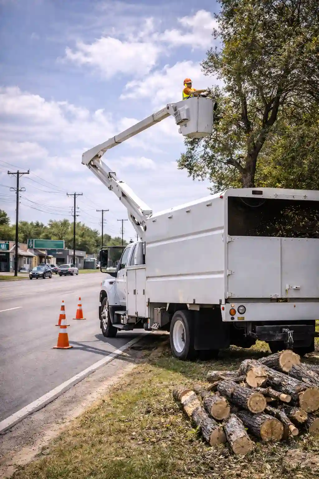 Bucket truck tree removal service in Dessau, Texas