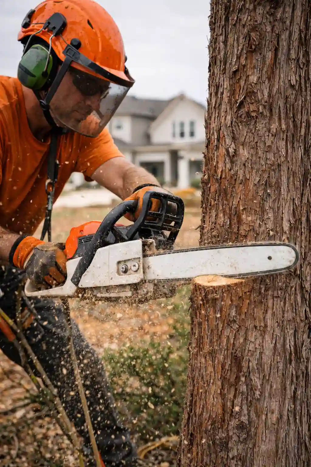 Chainsaw cutting a cedar tree during tree removal in Leander, Texas