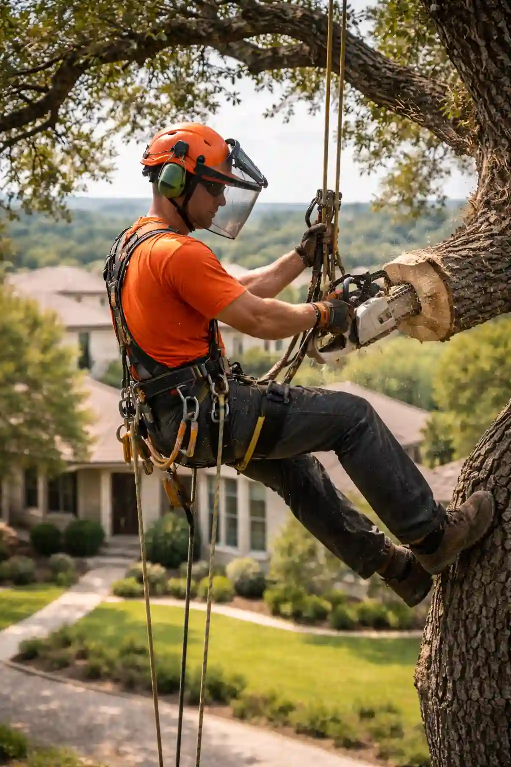 Climbing arborist performing precision tree removal in Rollingwood, Texas