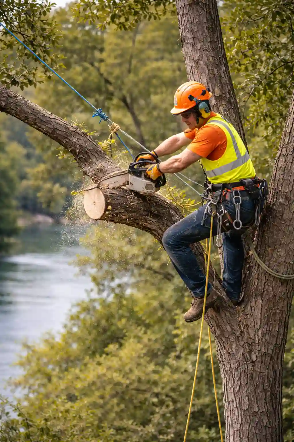 Climbing arborist removing a tree limb in San Marcos, Texas
