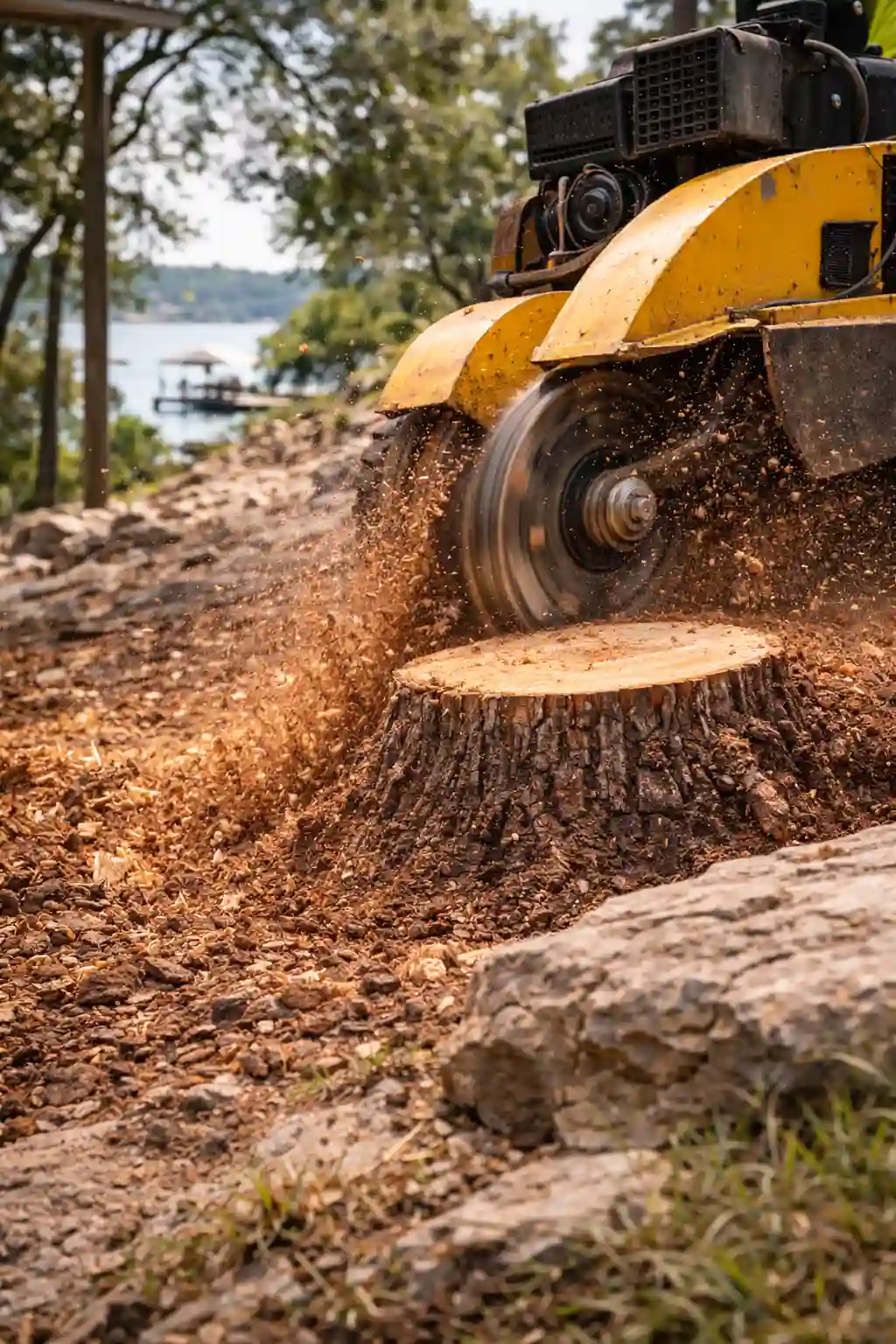 Hardwood stump grinding on limestone terrain in Lago Vista, Texas