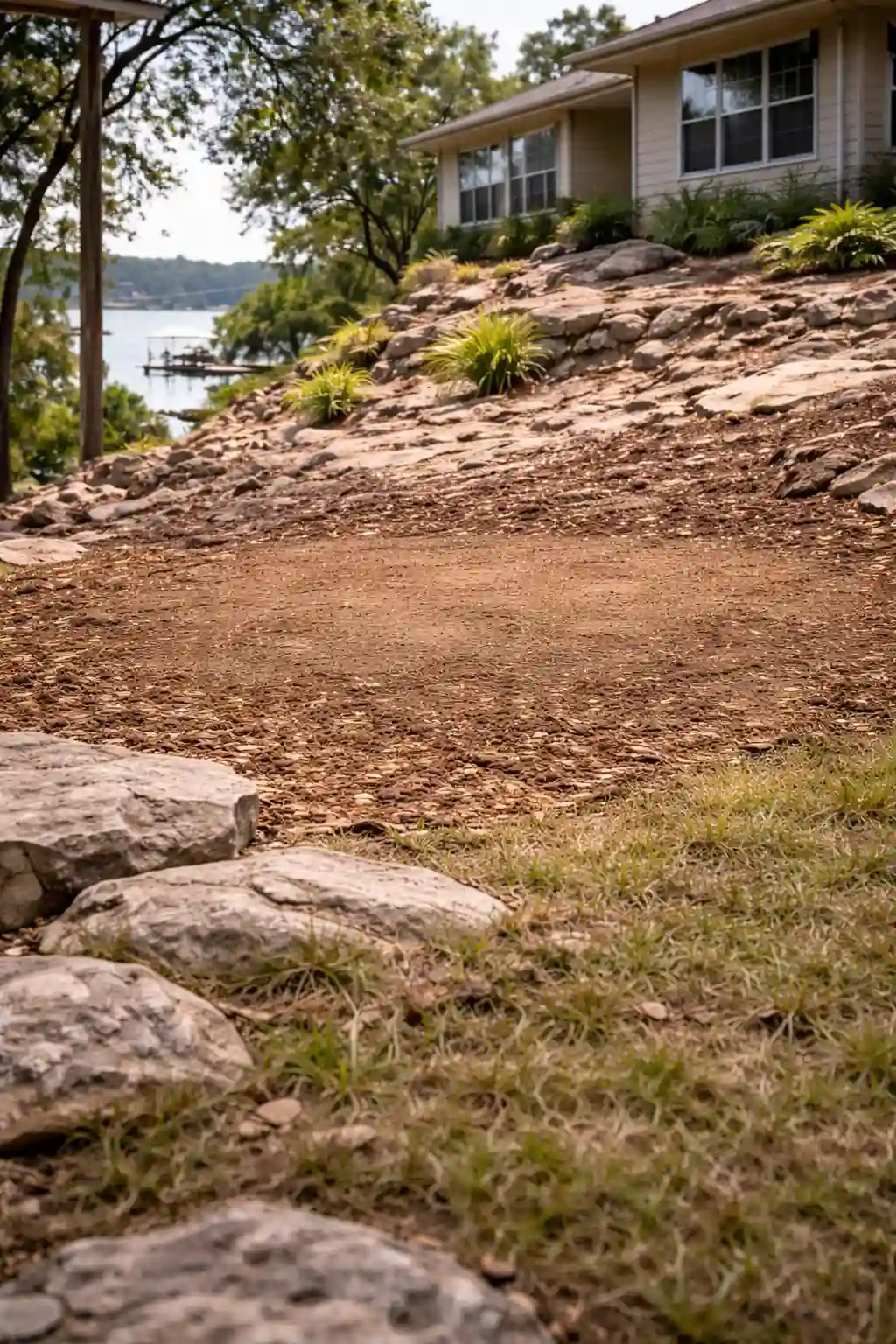 Hillside yard after stump removal in Lago Vista, Texas