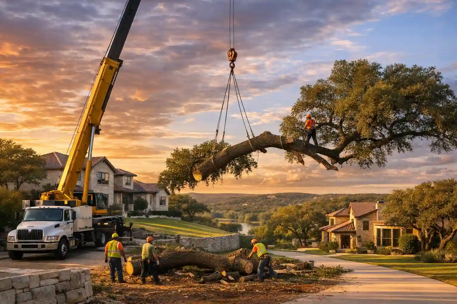 Professional tree removal service removing a large oak tree in a Bee Cave, Texas Hill Country neighborhood
