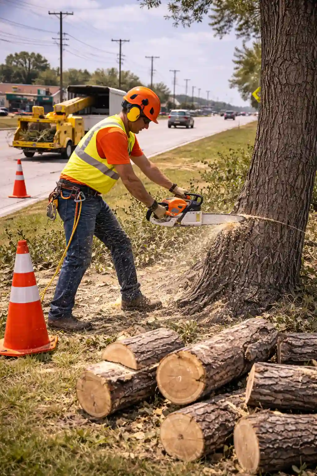 Roadside tree removal operation in Dessau, Texas