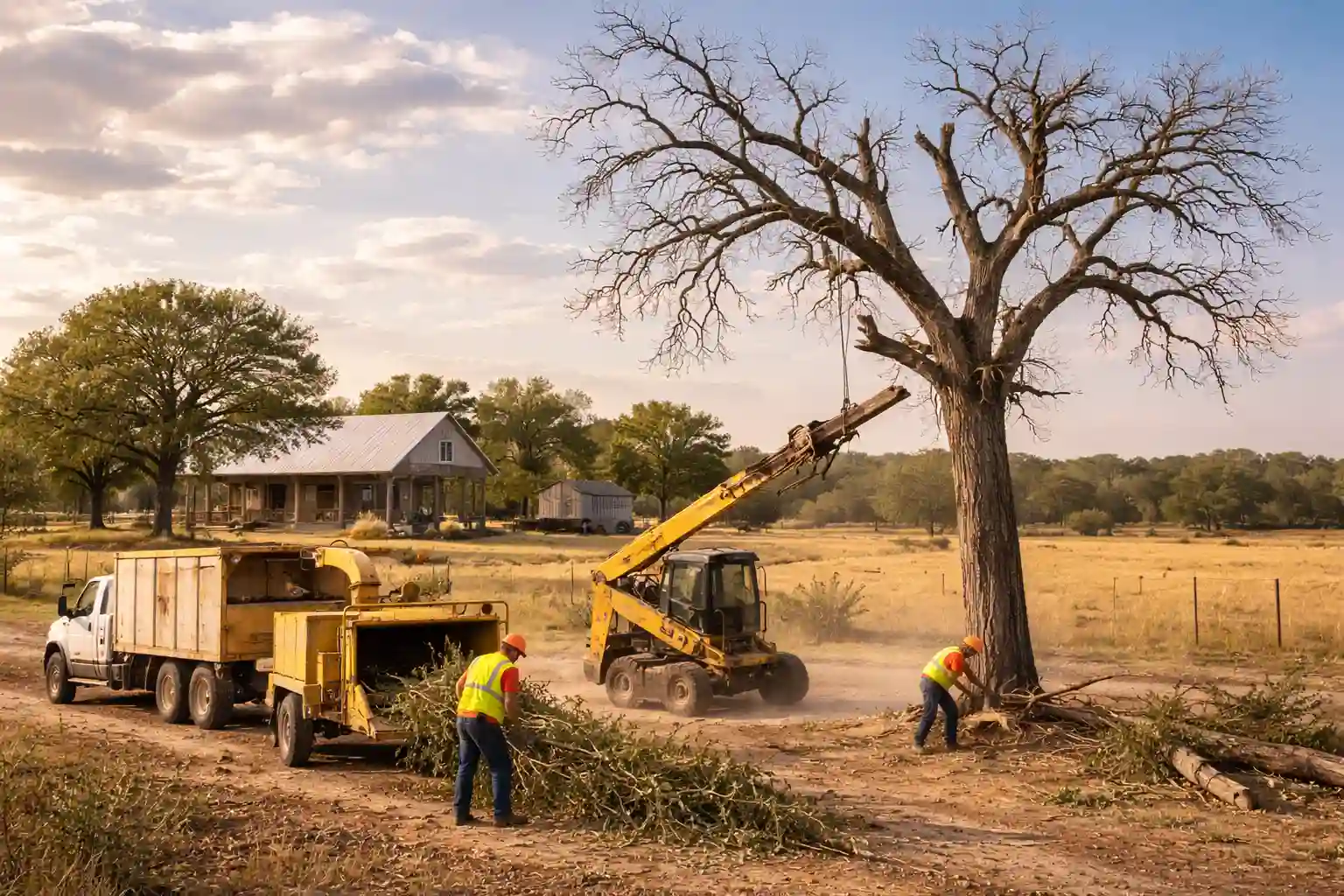 Rural tree removal service removing a dead oak tree in Liberty Hill, Texas