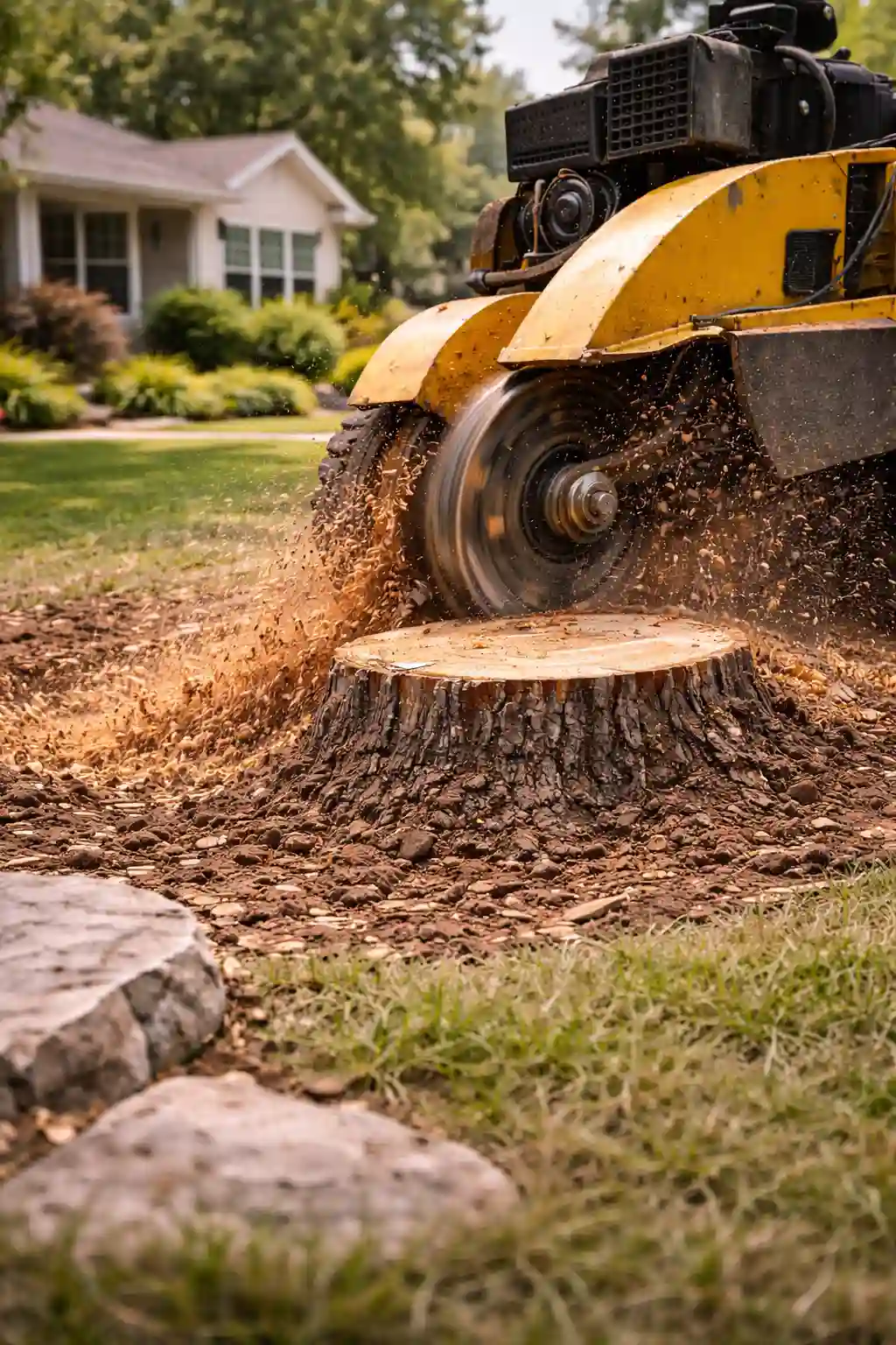Commercial stump grinder in use on a Cedar Park, TX property