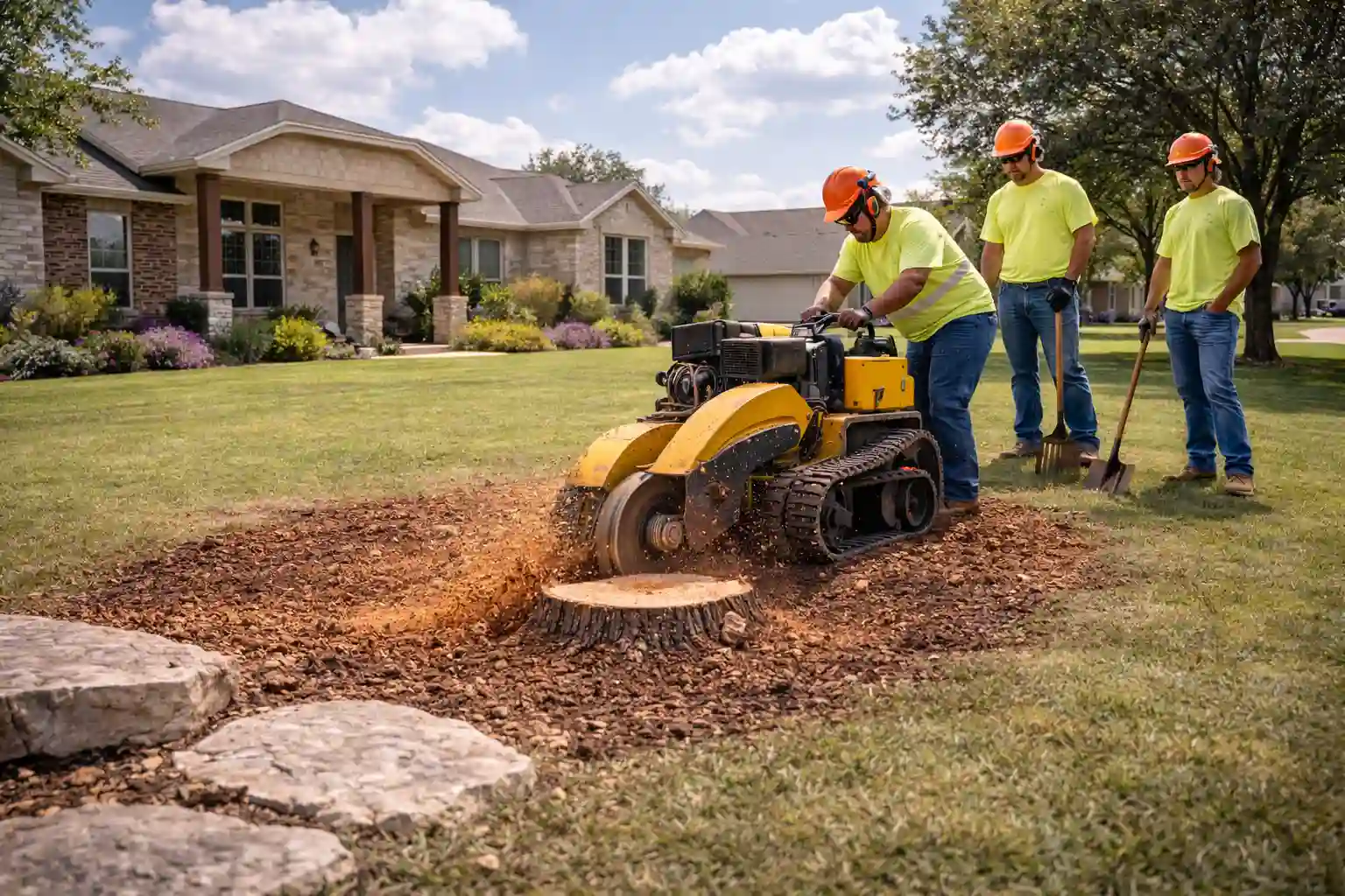 Stump removal service crew working on a residential property in Buda, Texas