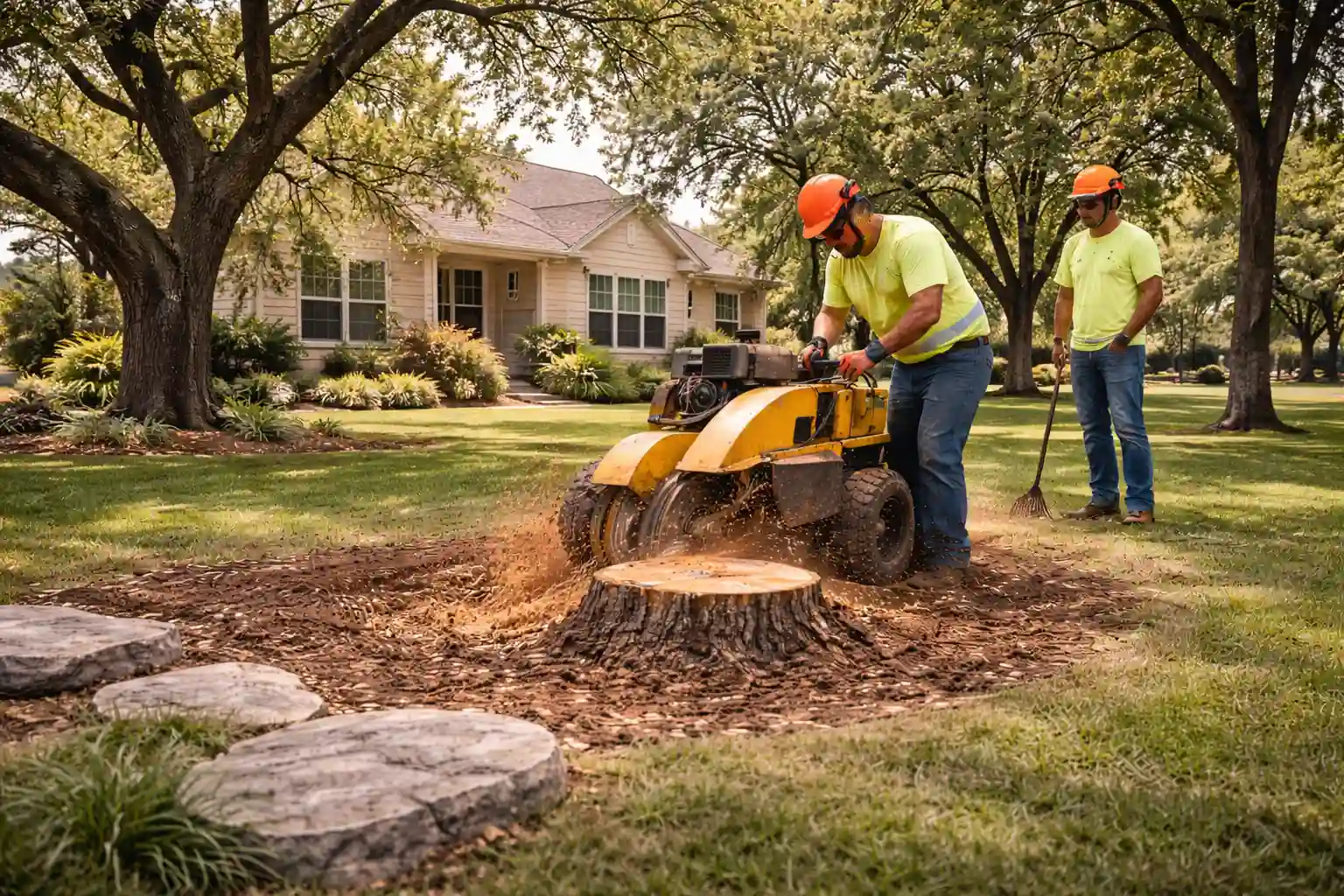 Stump removal crew working near a historic home in Georgetown, Texas