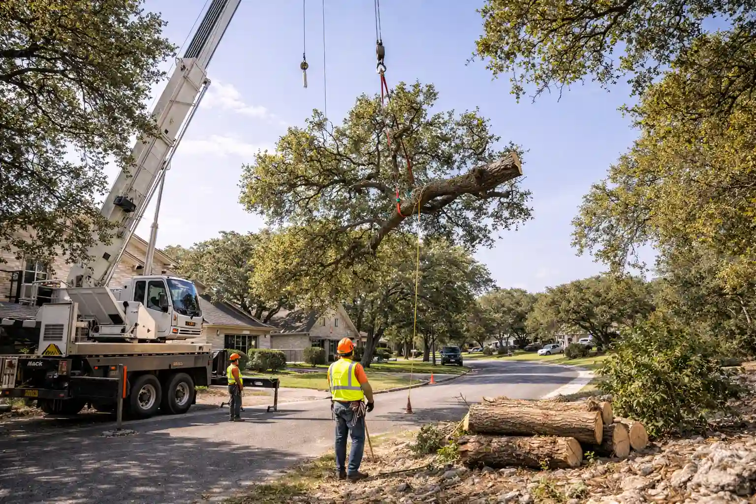 Tree removal professionals removing a large oak tree in Cedar Park, Texas