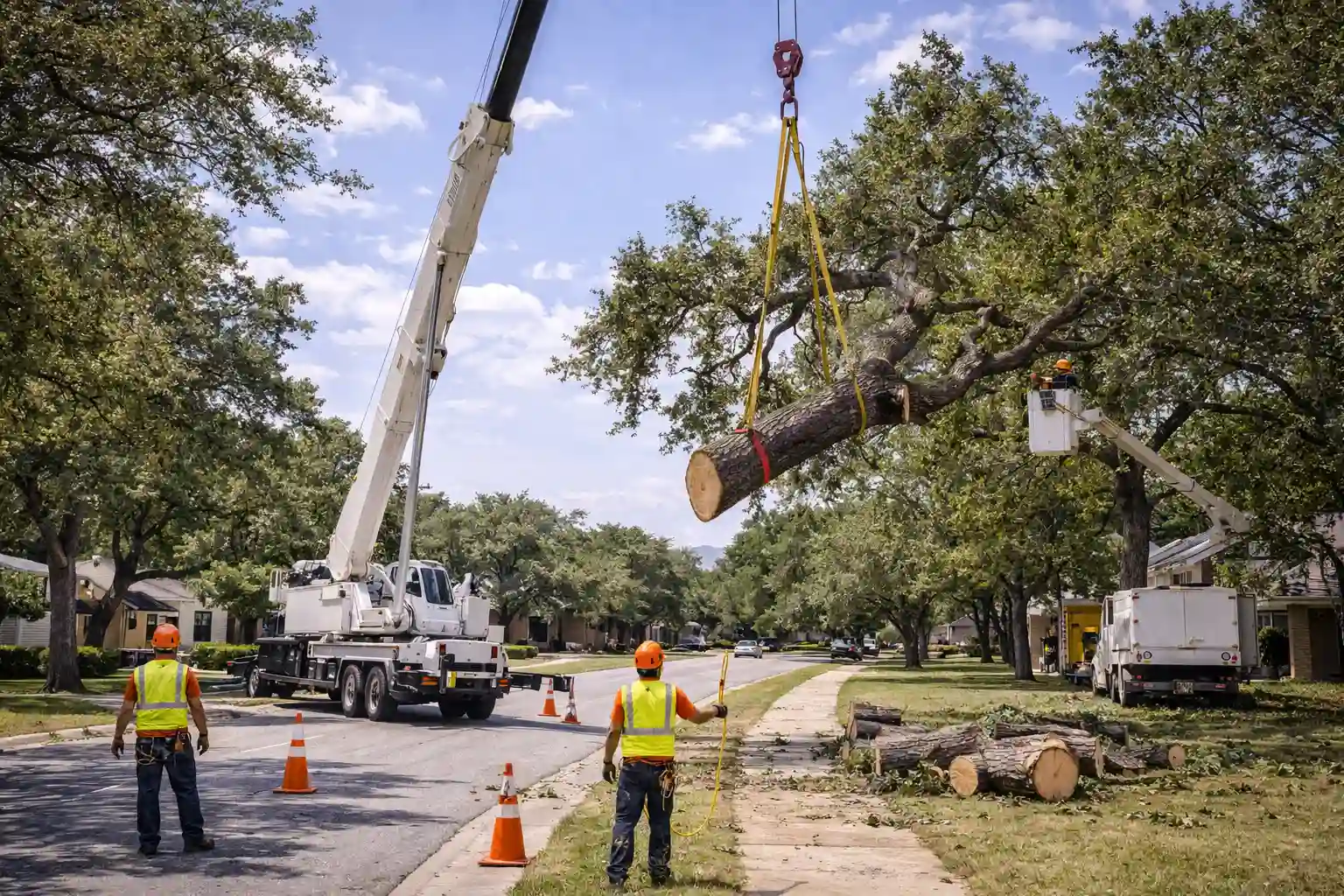 Tree removal professionals removing a large oak tree in Round Rock, Texas