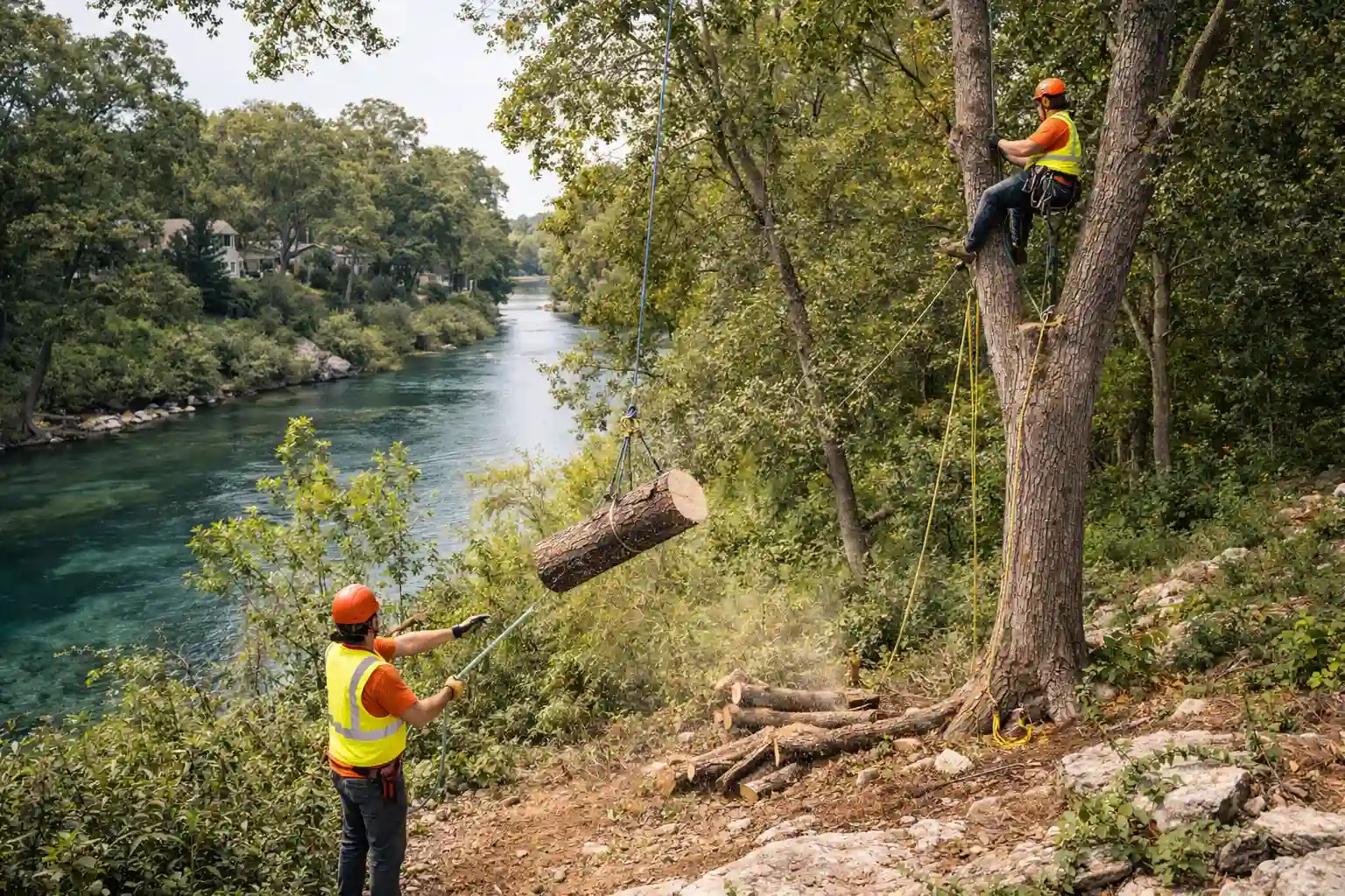 Tree removal professionals working near a river area in San Marcos, Texas