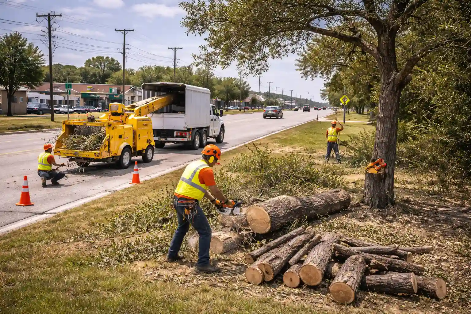 Tree removal service working near a roadway in Dessau, Texas