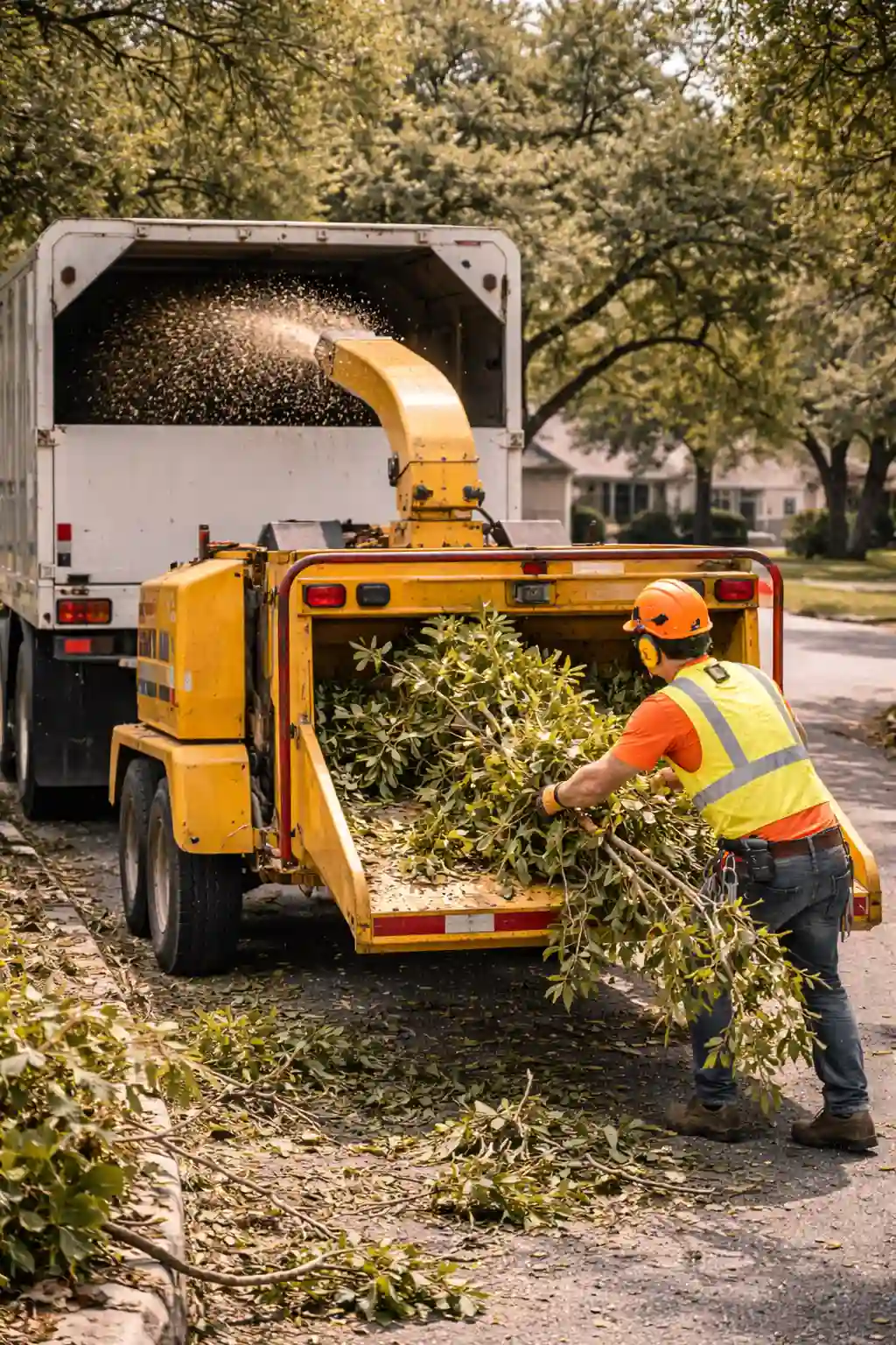 Wood chipper operating during tree removal cleanup in Cedar Park, TX