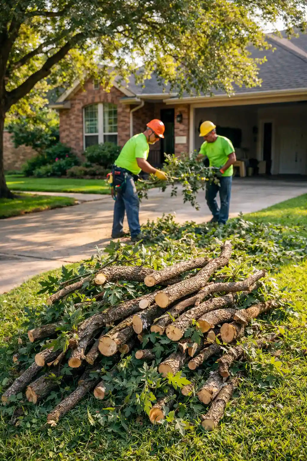 Tree trimming crew cleaning up cut branches outside a home in Cedar Park, Texas