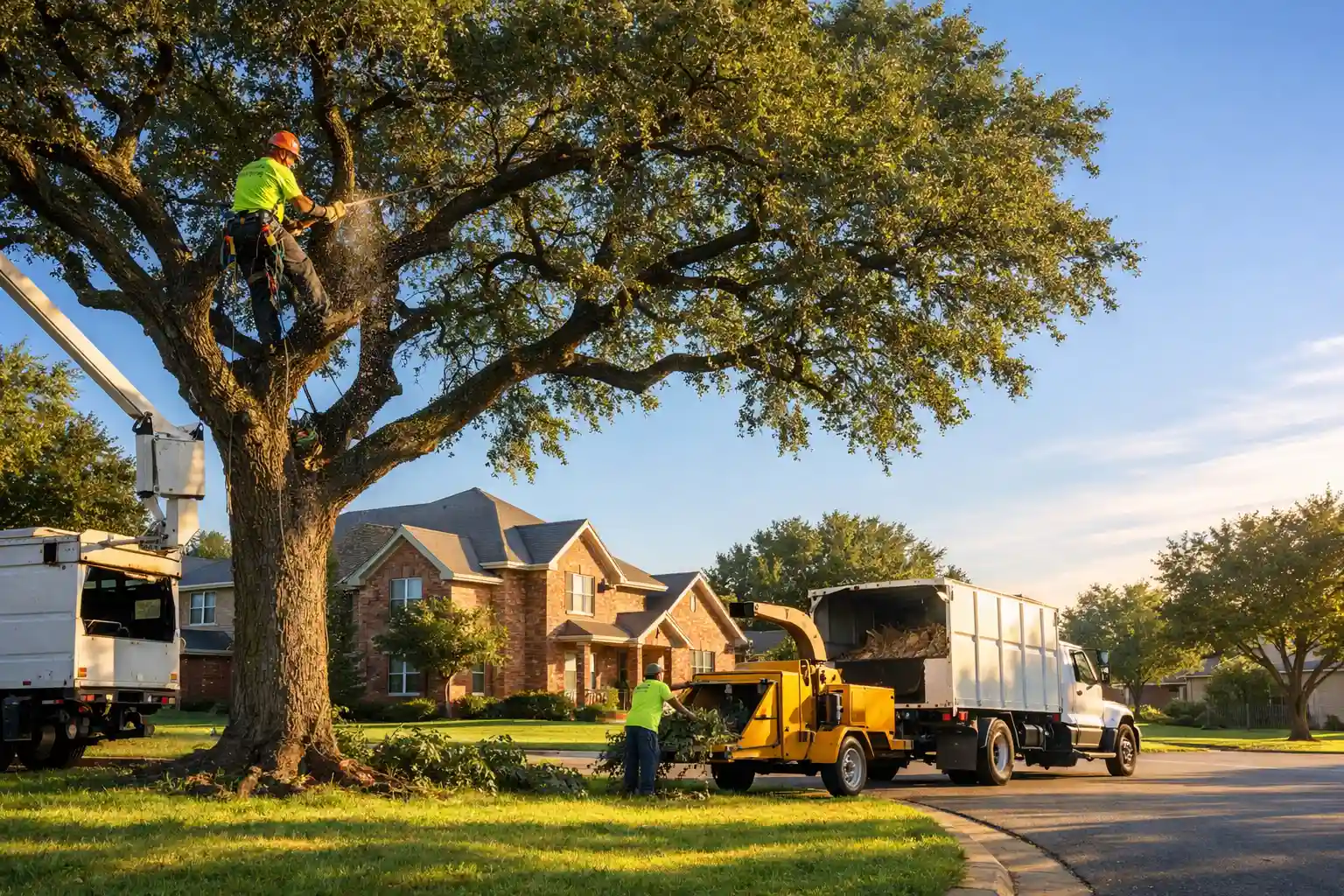 Tree trimming professionals working on a tall oak tree in a Leander, Texas hill country neighborhood