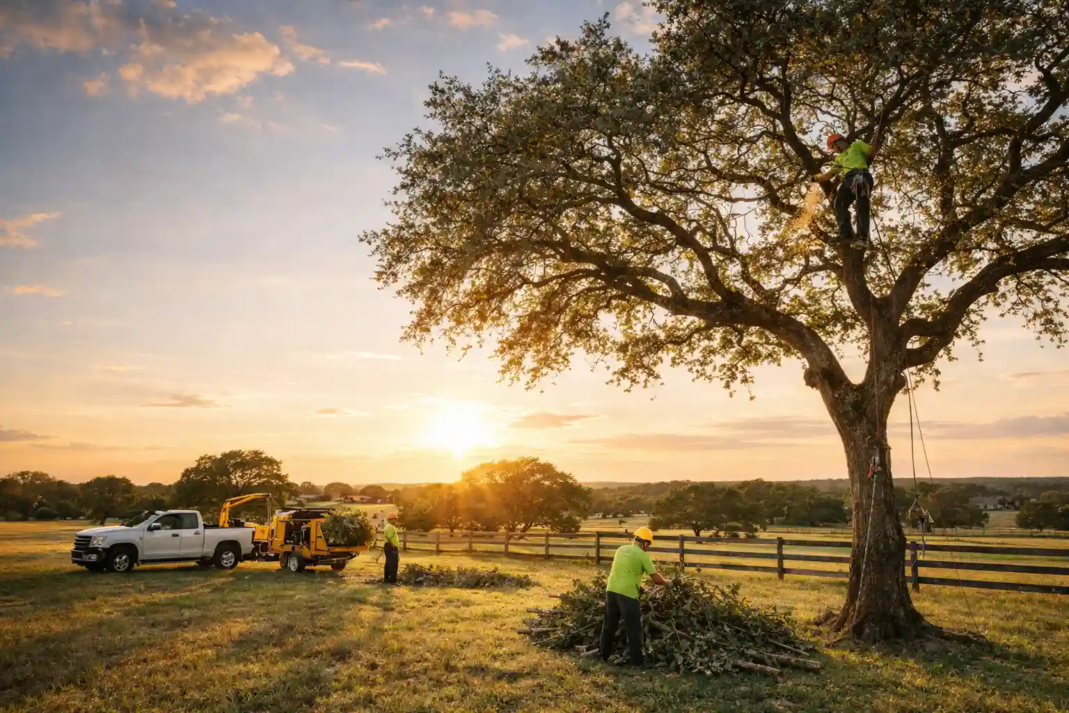 Tree trimming service working on a large live oak tree in Liberty Hill, Texas
