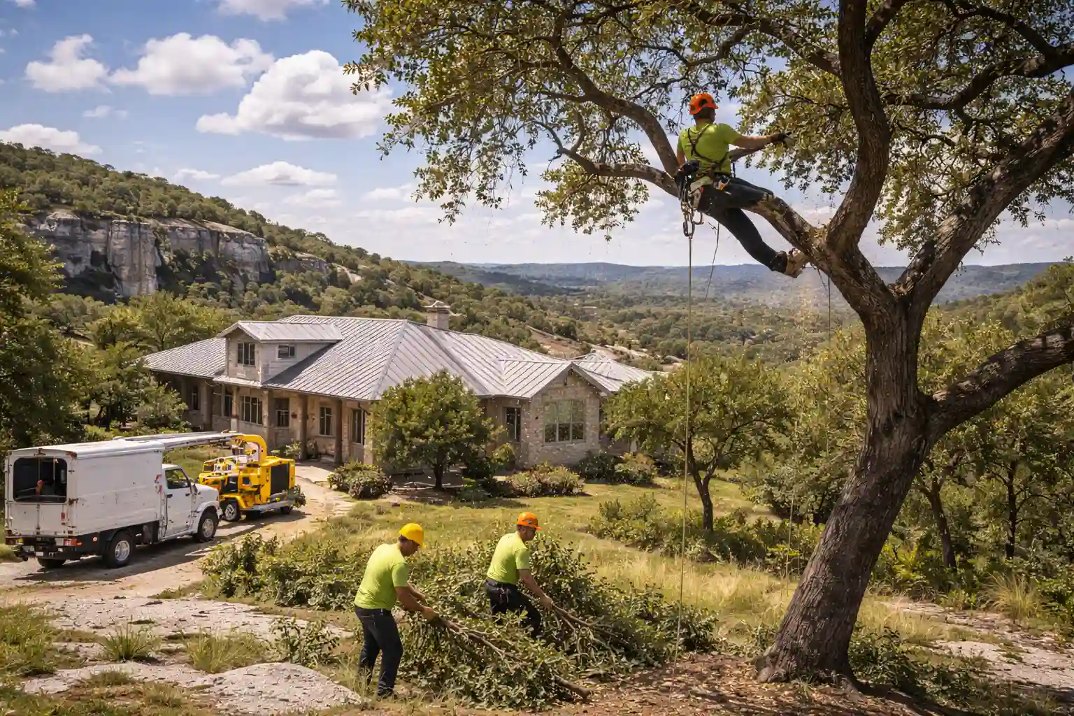 Tree trimming service working on a live oak tree in Bee Cave, Texas hill country