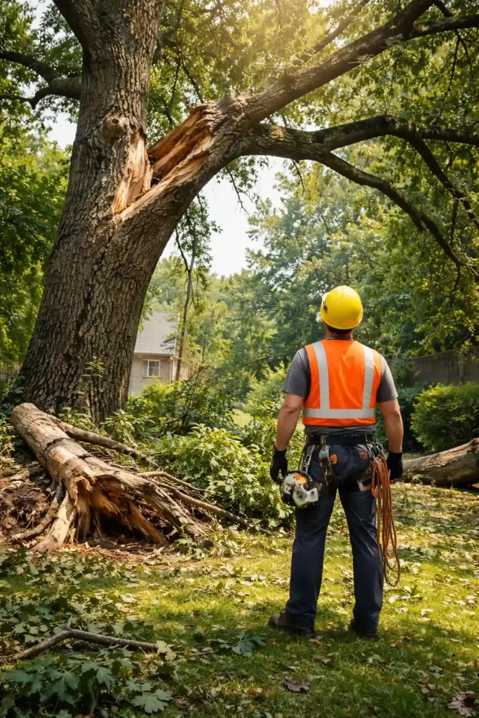 Arborist inspecting storm-damaged tree