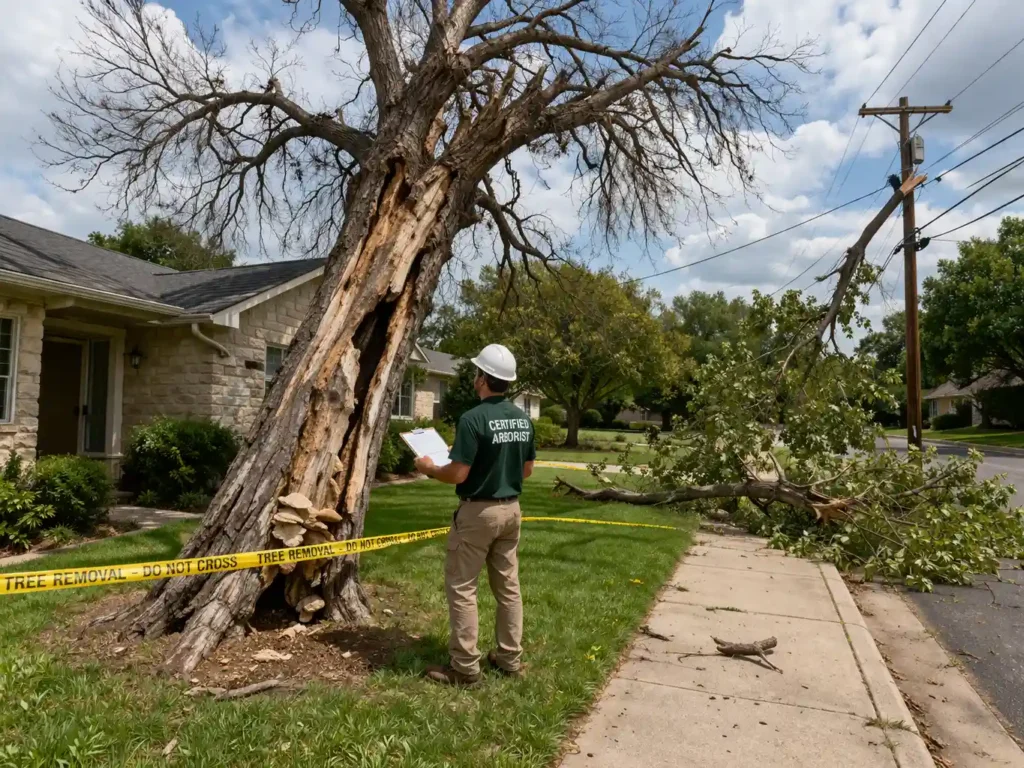 Dead and damaged tree being inspected for removal in a residential yard.