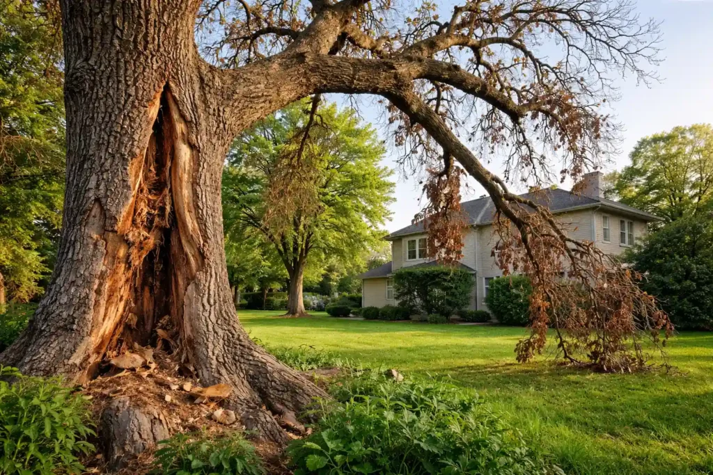 Dying oak in suburban backyard