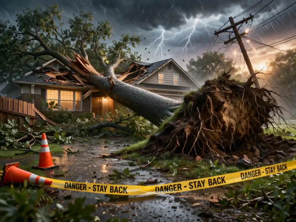 Uprooted tree fallen on house after storm with exposed roots and debris in yard