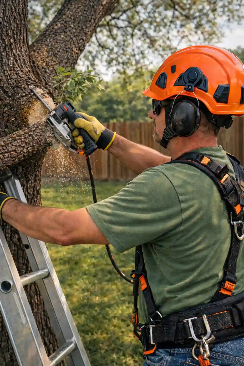 Arborist cutting tree branch in a Kyle, Texas backyard