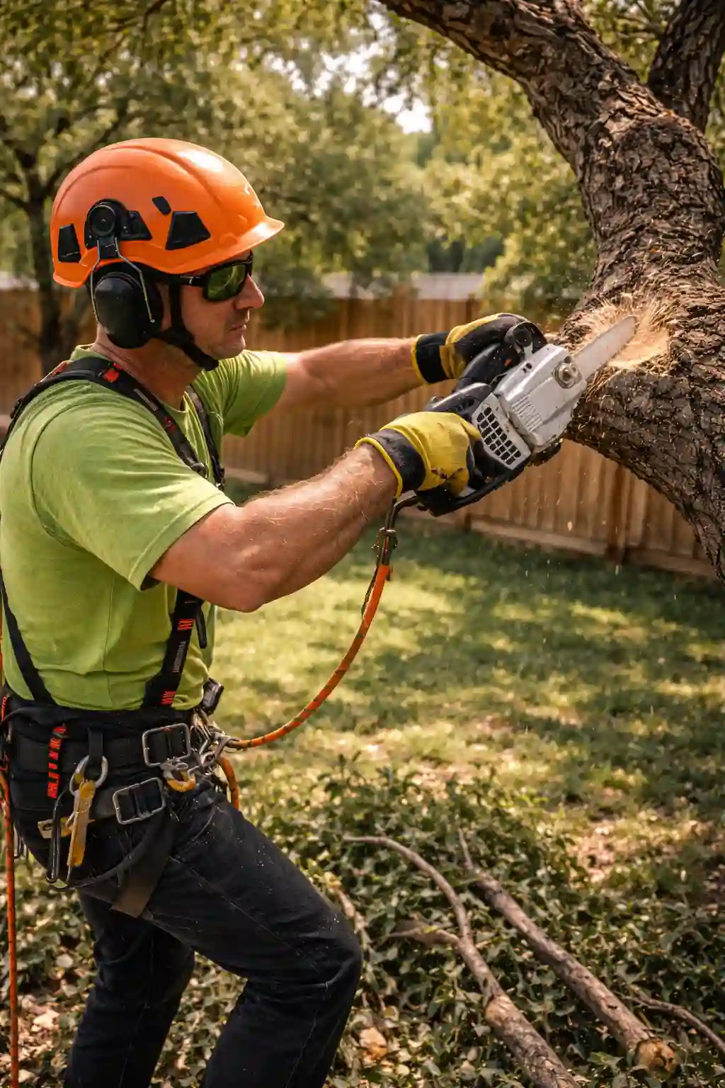 Arborist trimming a tree in a Buda, TX backyard