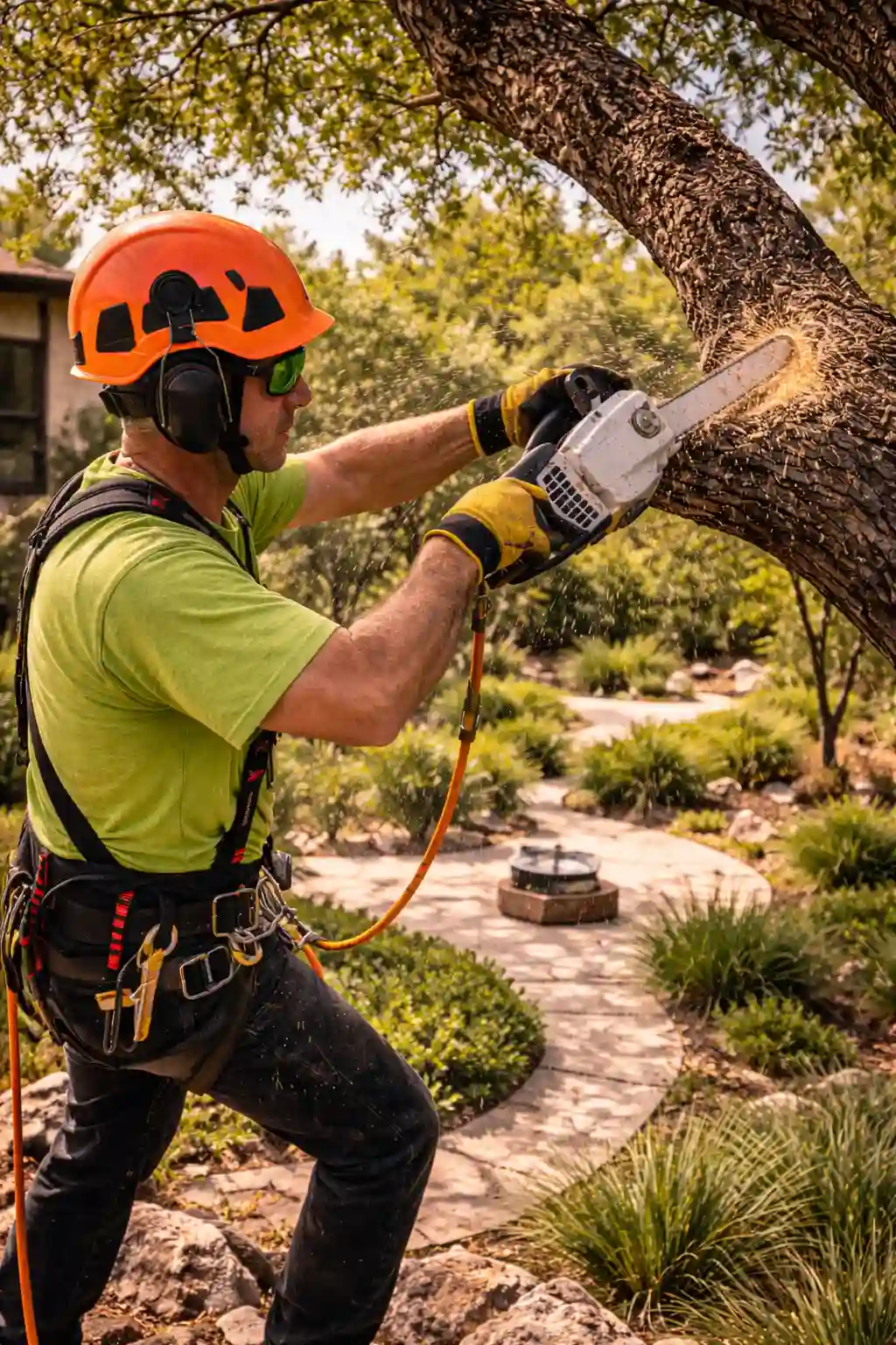 Arborist trimming oak branch in a Lakeway, Texas backyard