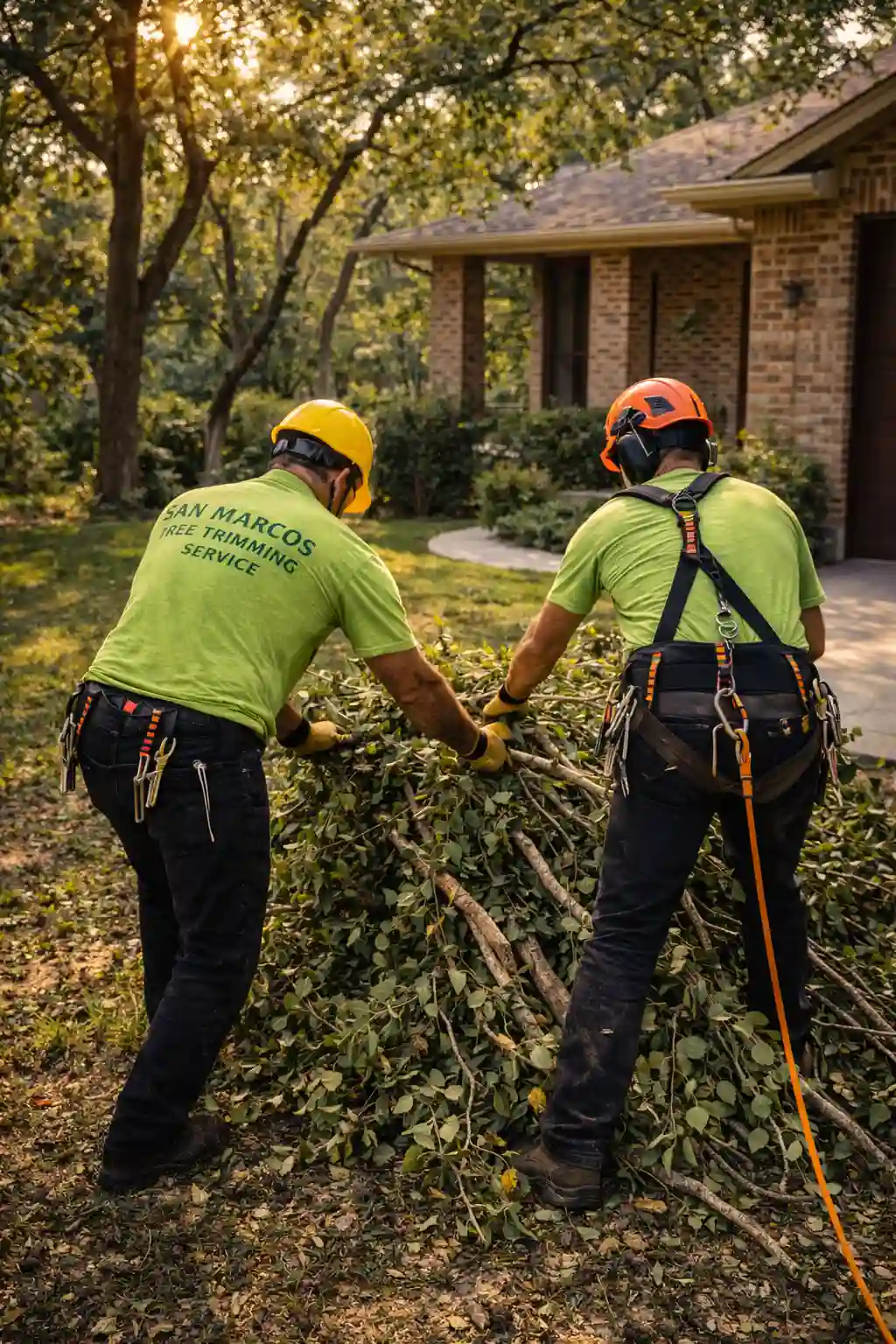 Tree trimming crew cleaning branches outside a San Marcos, Texas home