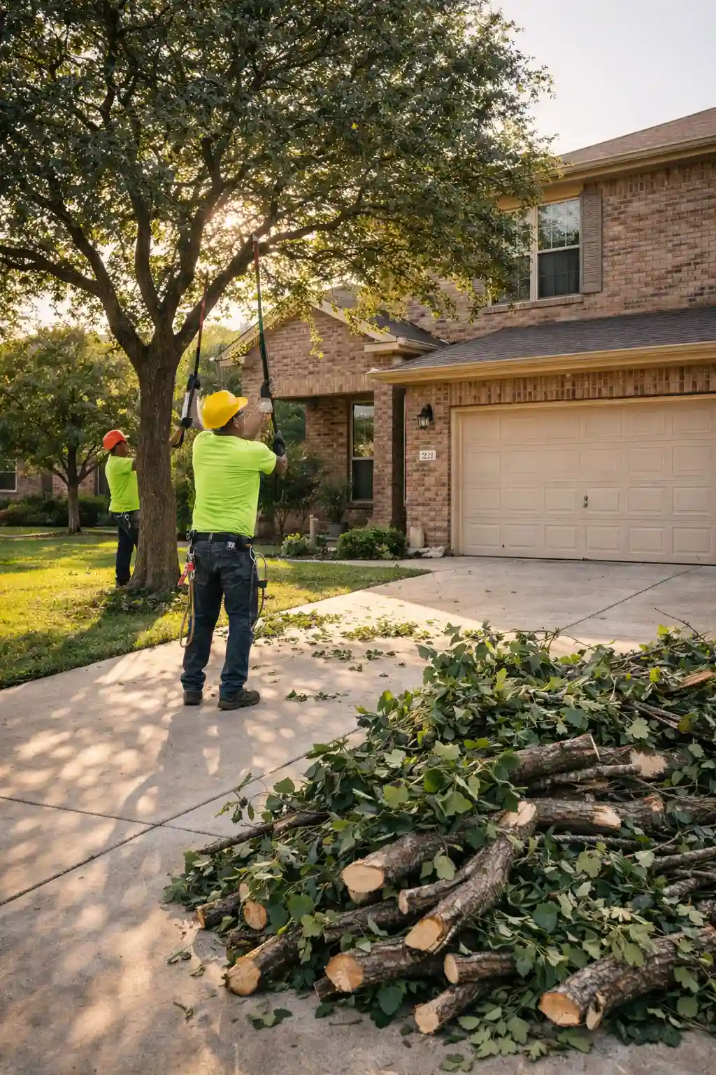 Tree trimming crew shaping a front-yard tree in Round Rock, Texas