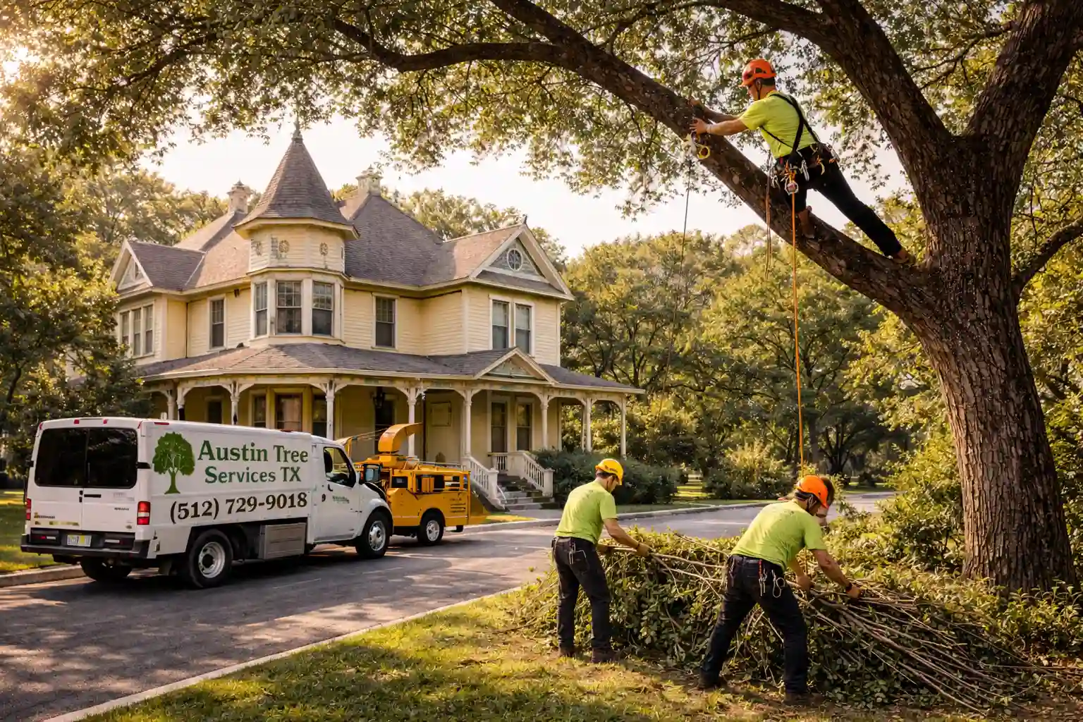 Tree trimming service near a historic home in Georgetown, Texas with mature oak trees