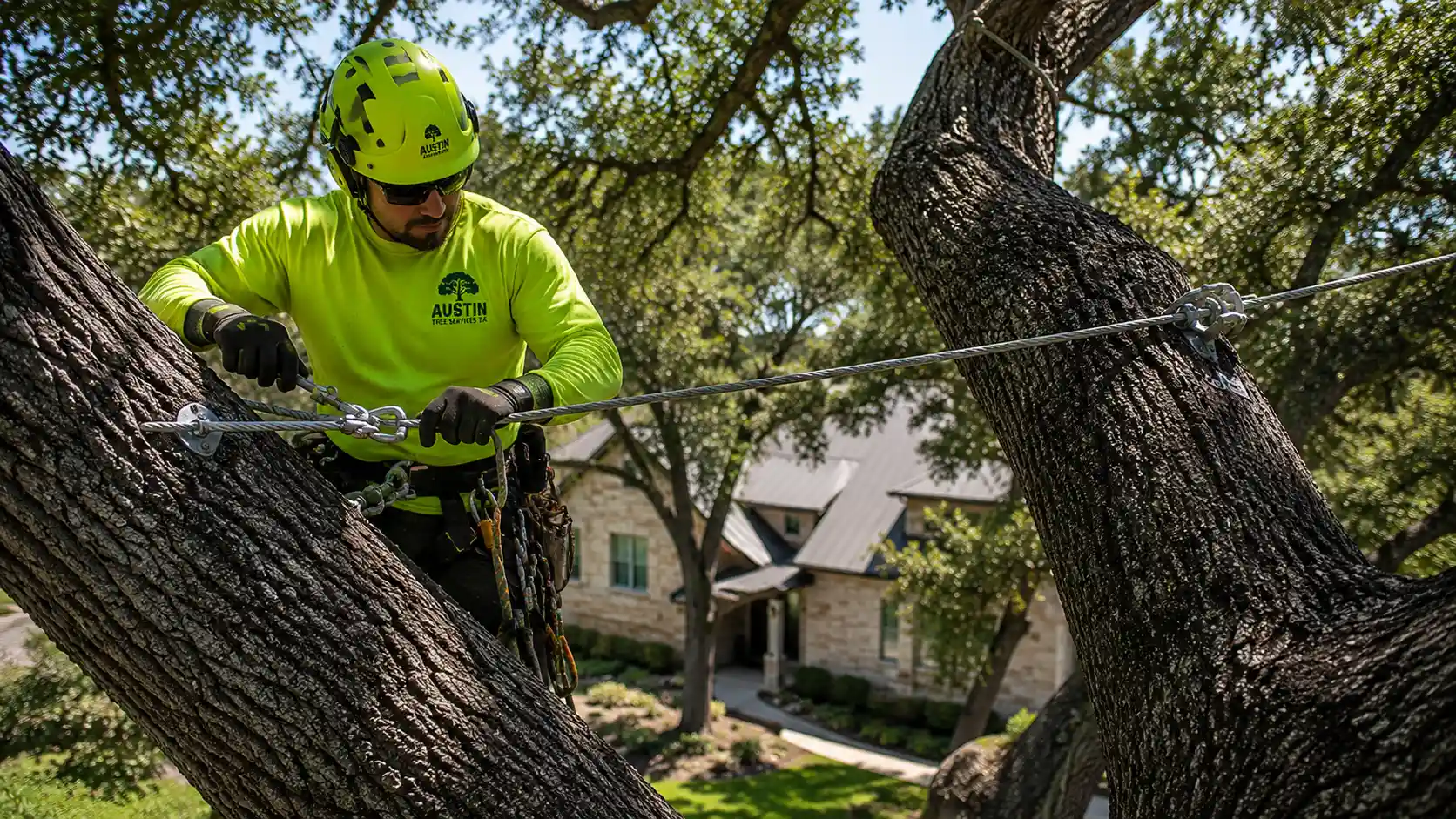 Arborist installing tree cabling support systems on mature oak trees in Buda, Texas