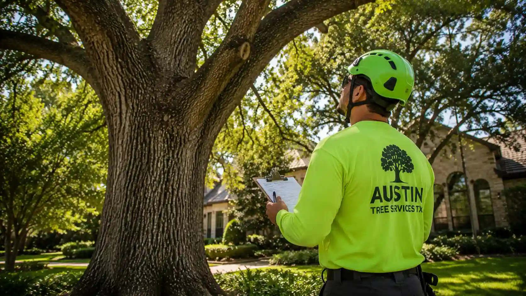 Certified arborist inspecting the health of a mature oak tree at a residential property in Austin, Texas