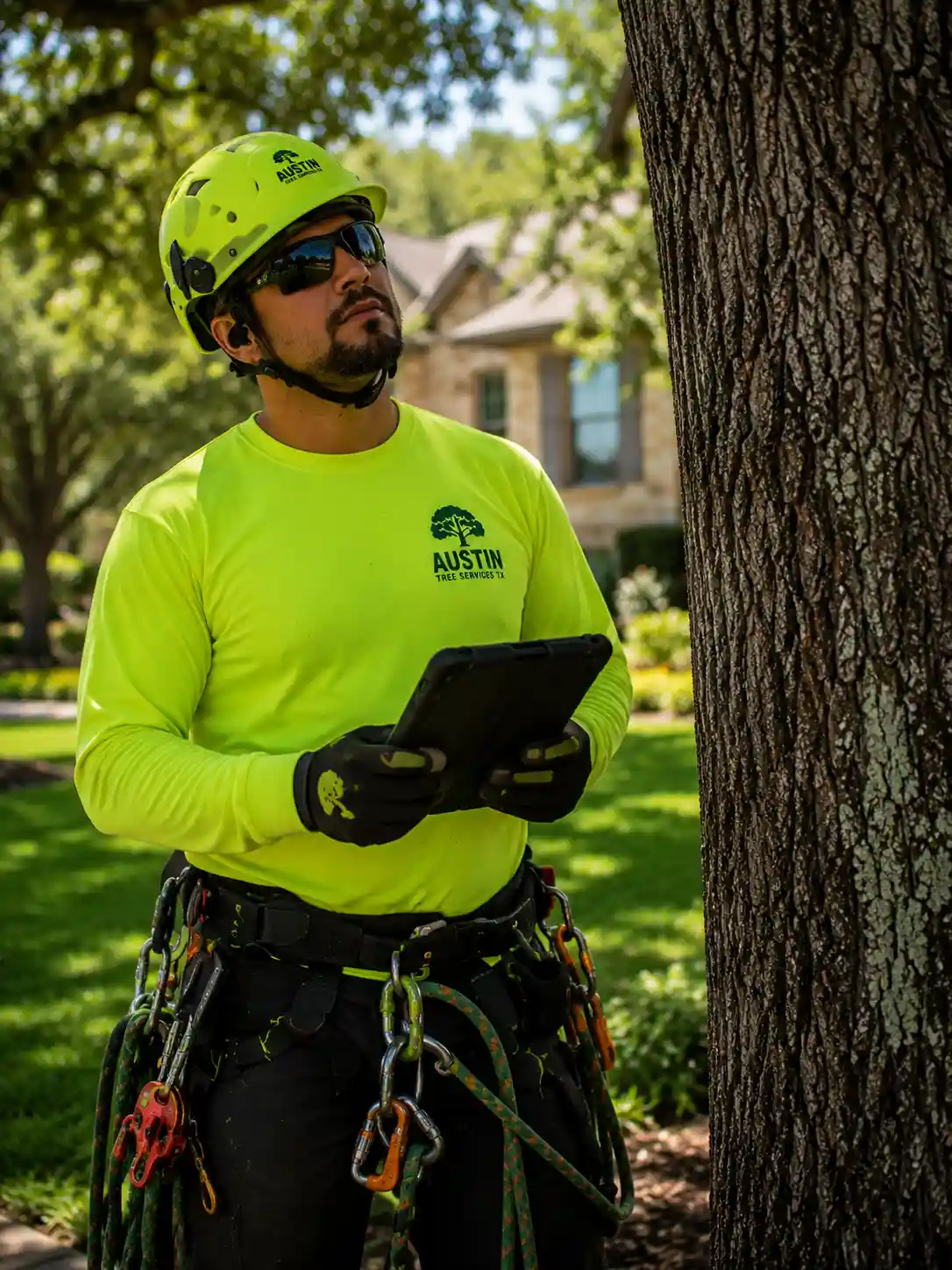 Certified arborist performing a tree health inspection in Buda, TX