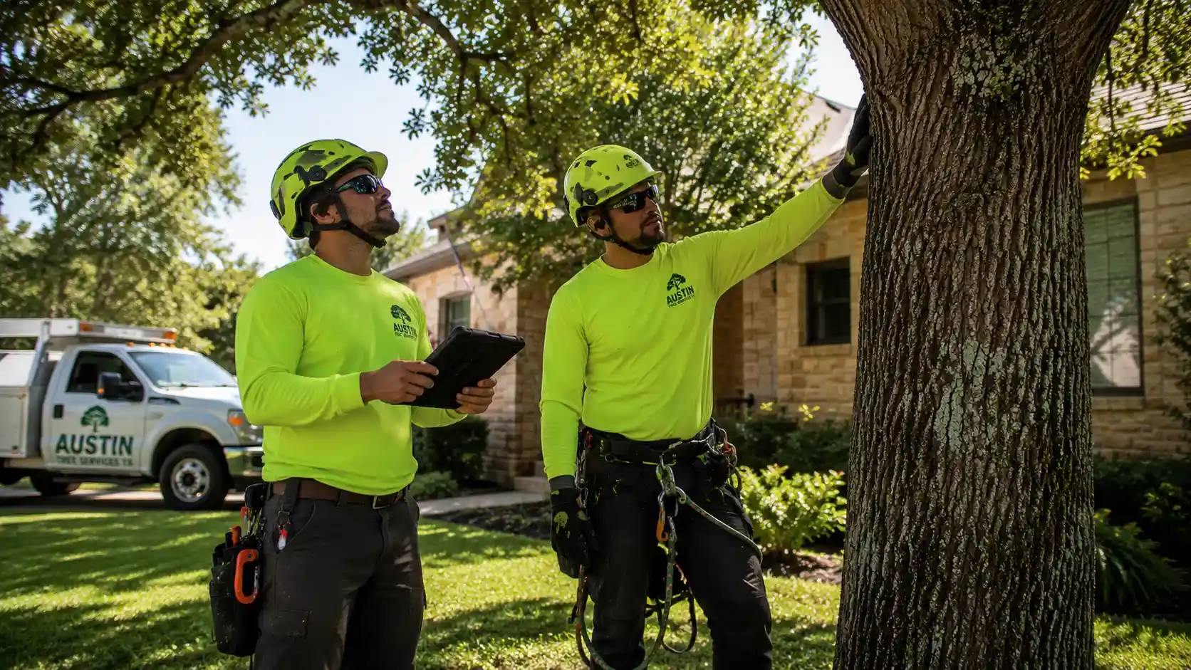 Certified arborists inspecting and evaluating tree health in Buda, Texas