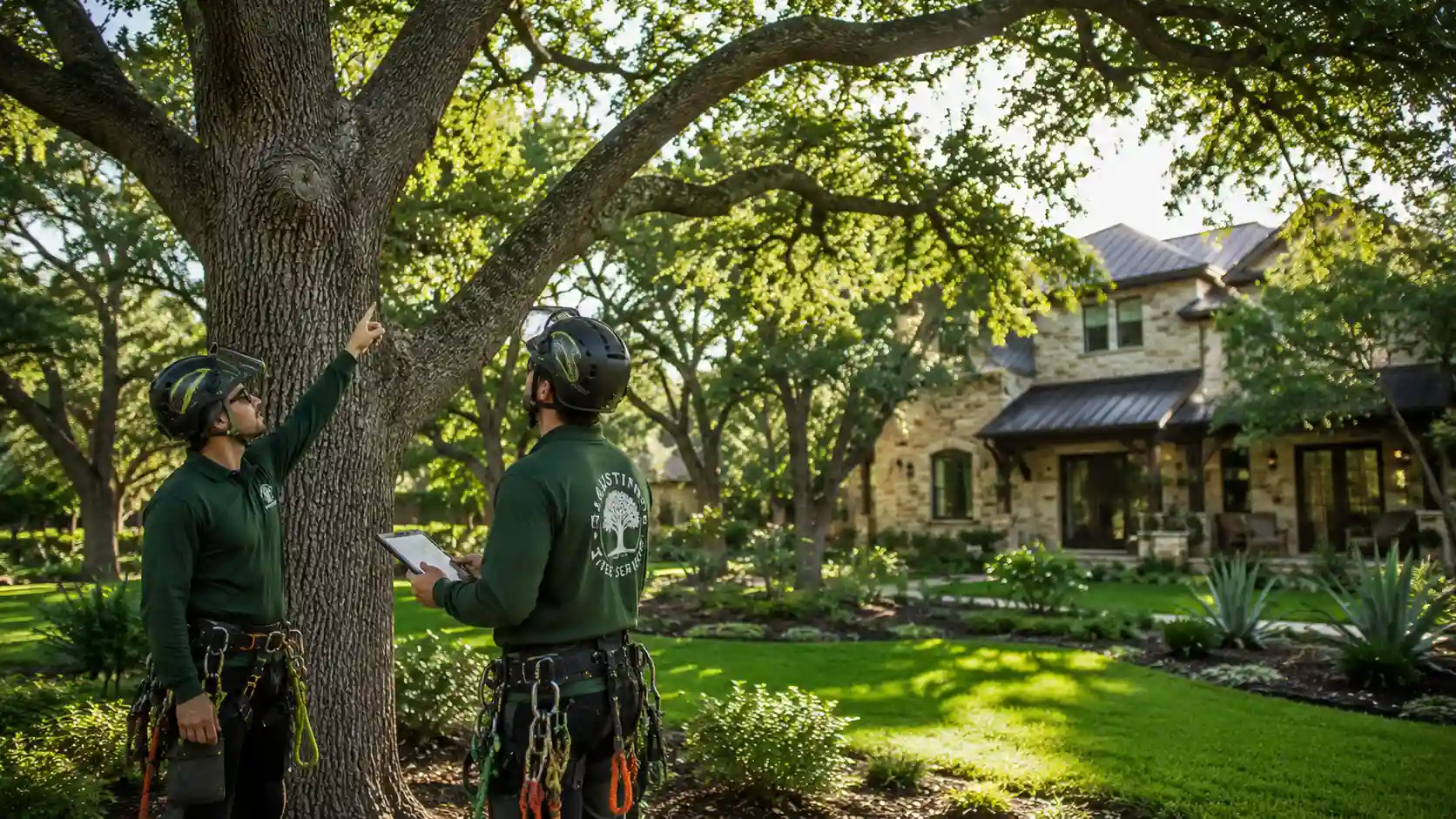 Certified arborists inspecting mature trees at a luxury residential property in Bee Cave, Texas