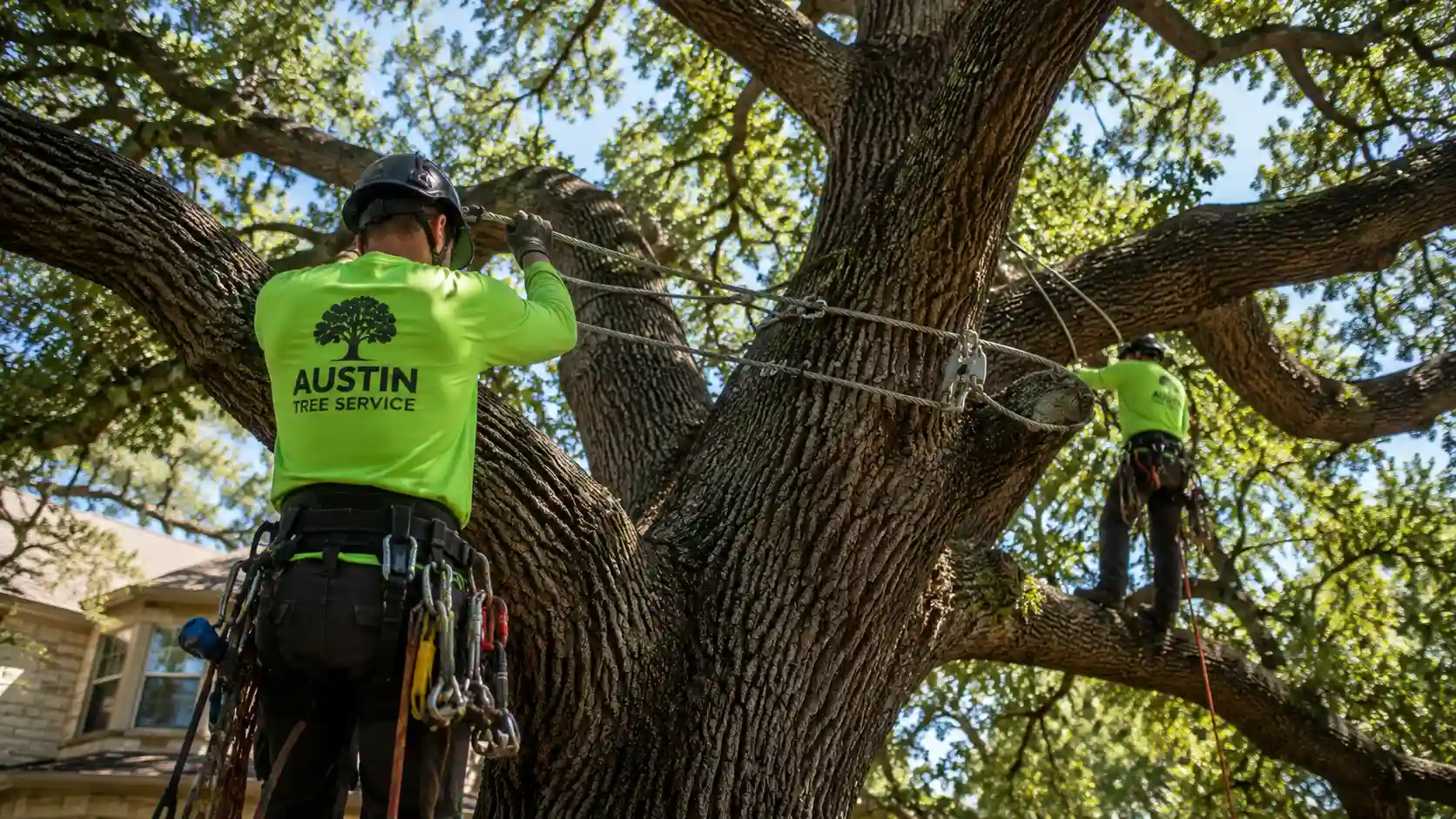 Certified arborists installing support cabling on a large oak tree in Austin, Texas