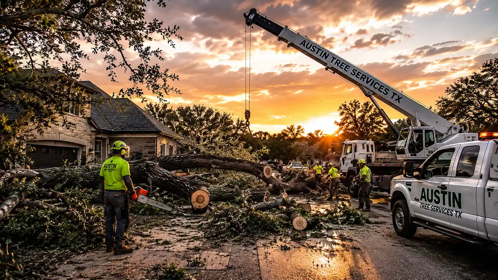 Emergency crew removing a storm-damaged oak tree in Buda, TX