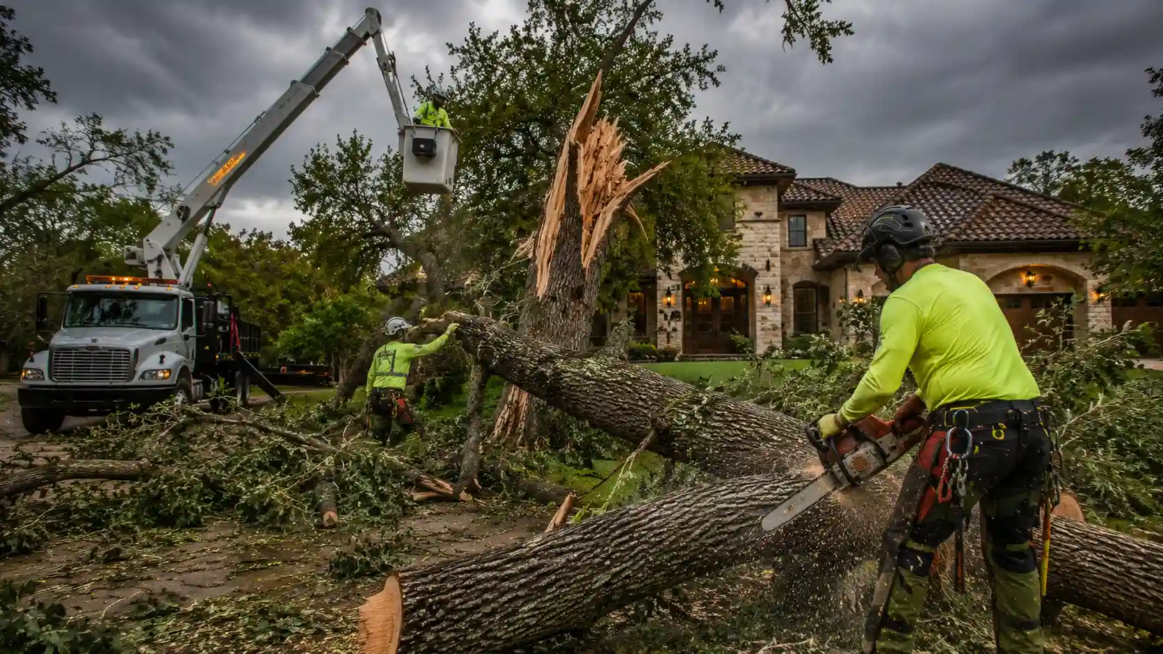 Emergency crew removing a storm-damaged tree in Bee Cave, TX