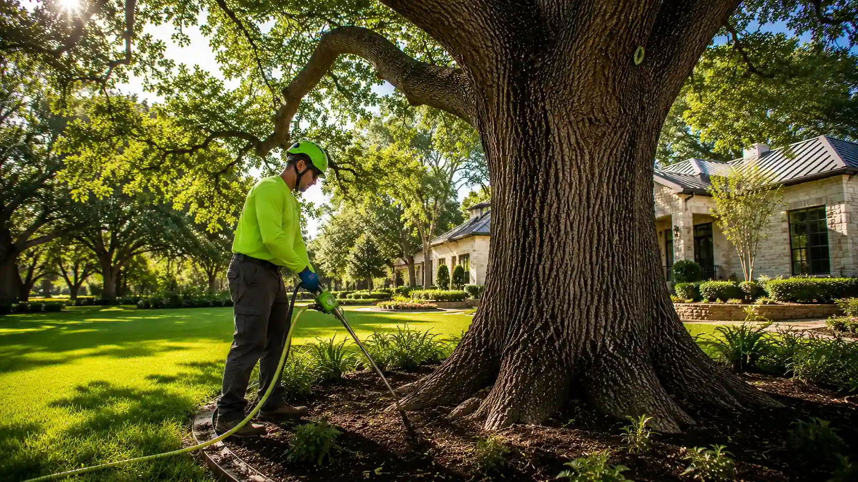 Professional arborist applying tree fertilization treatment to a mature oak tree in Austin, Texas