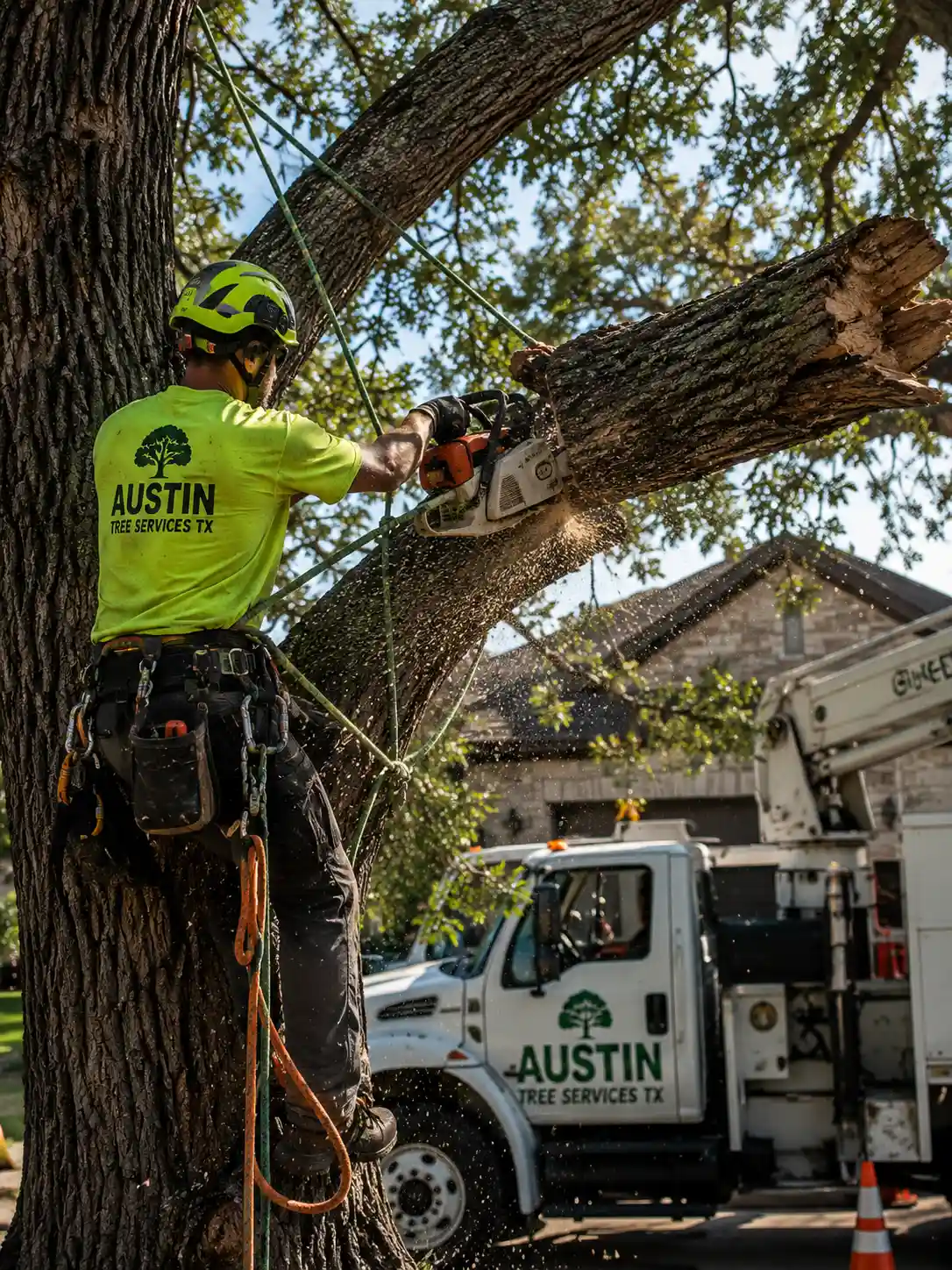 Arborist performing emergency tree removal on a damaged tree in Buda, TX