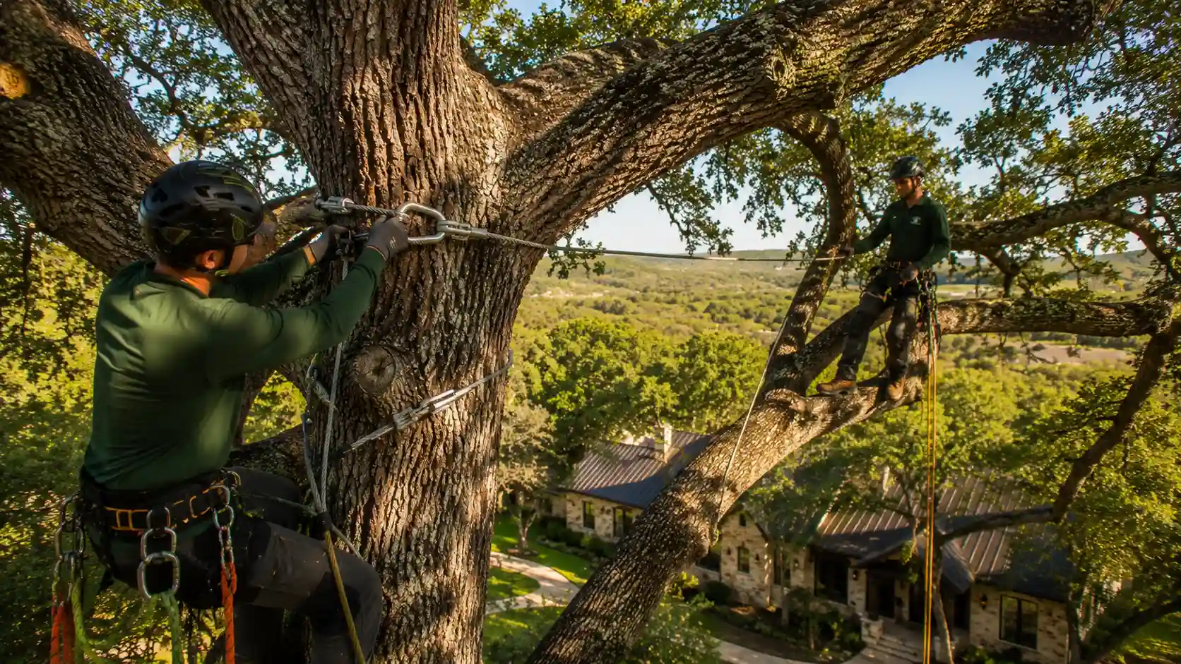 Professional arborists installing tree cabling support systems on a mature oak tree in Bee Cave, Texas