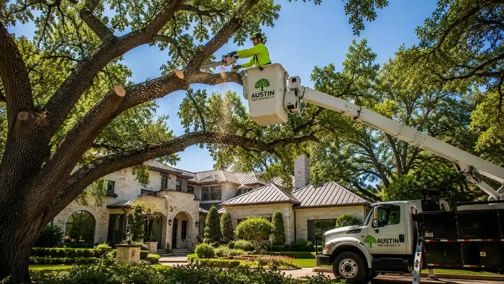 Professional arborists trimming trees with bucket truck equipment in Austin, Texas