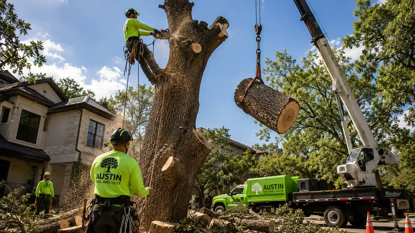Professional tree removal crew safely removing a large hazardous tree in Austin, Texas