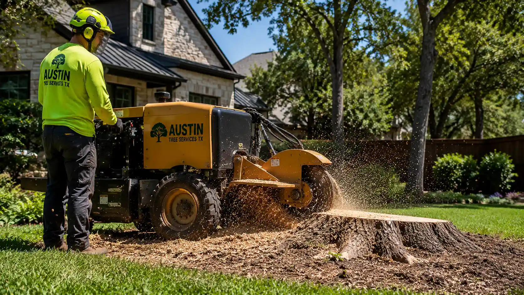 Stump grinding service in a Buda, TX backyard